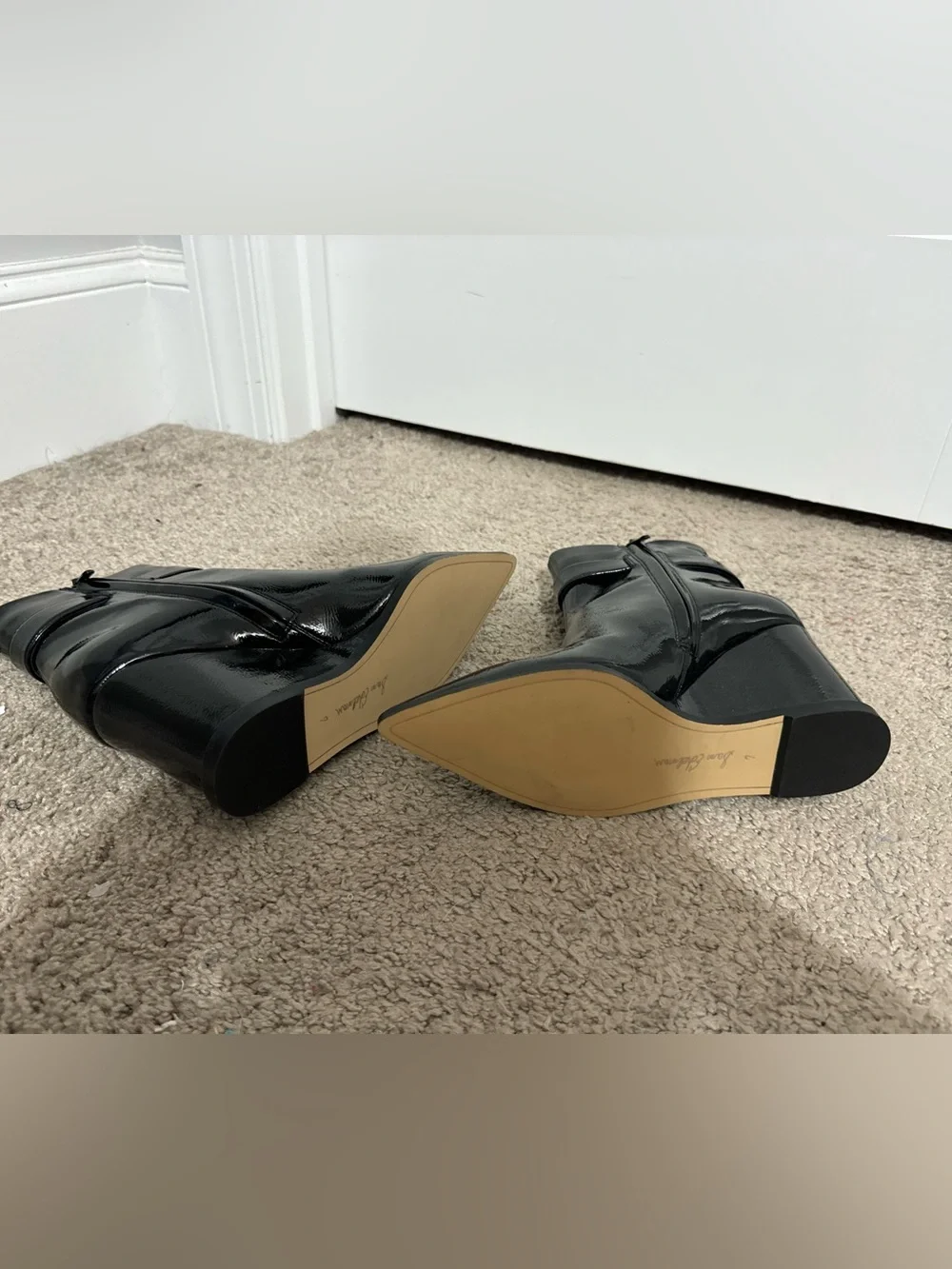Pretty Sam Edelman size 7 black patent wedge Weslie boots gold buckle new